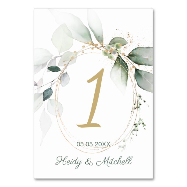 Green & gold foliage, Wedding Table Number (Front)
