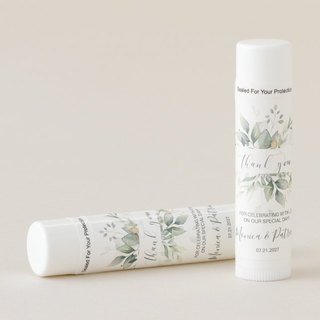 Green & gold foliage Wedding Thank You Lip Balm (Front)