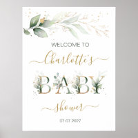 Green & gold foliage Welcome Baby shower sign