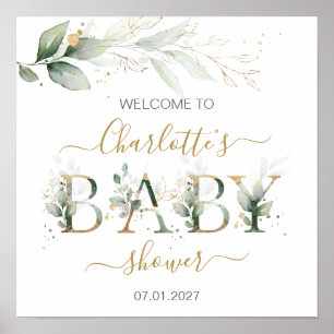 Green & gold foliage Welcome Baby shower sign