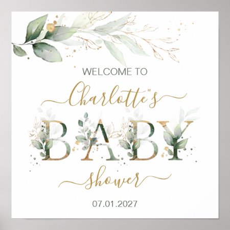 Green & Gold Foliage Welcome Baby Shower Sign