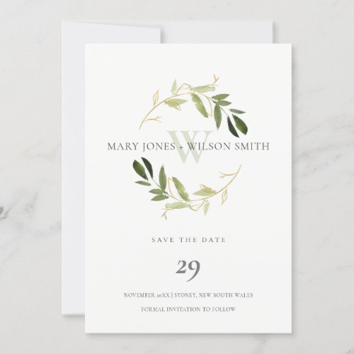 GREEN GOLD FOLIAGE WREATH SAVE THE DATE CARD