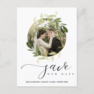 GREEN GOLD FOLIAGE WREATH SAVE THE DATE PHOTO ANNOUNCEMENT POSTCARD