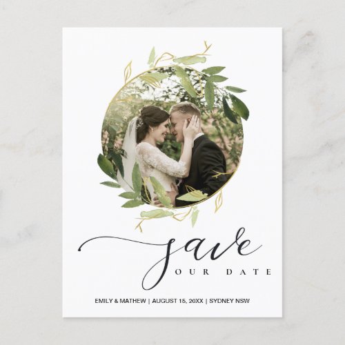 GREEN GOLD FOLIAGE WREATH SAVE THE DATE PHOTO ANNOUNCEMENT POSTCARD