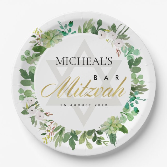 GREEN GOLD FOLIAGE WREATH STAR BAR BAT MITZVAH PAPER PLATES (Front)