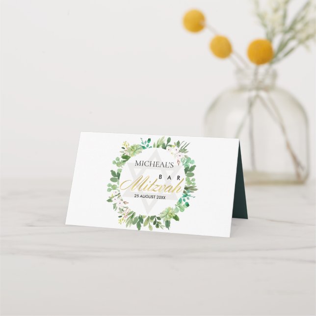 GREEN GOLD FOLIAGE WREATH STAR BAR BAT MITZVAH PLACE CARD (Back)