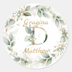 Green & gold foliage Wreath Wedding Monogram Classic Round Sticker