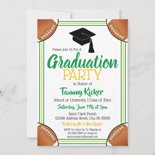 Green & Gold Football Graduation Party Invitation (Front)
