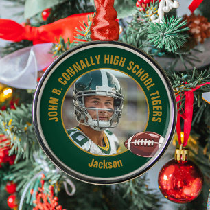 Green Gold Football Player Photo Christmas Metal Ornament