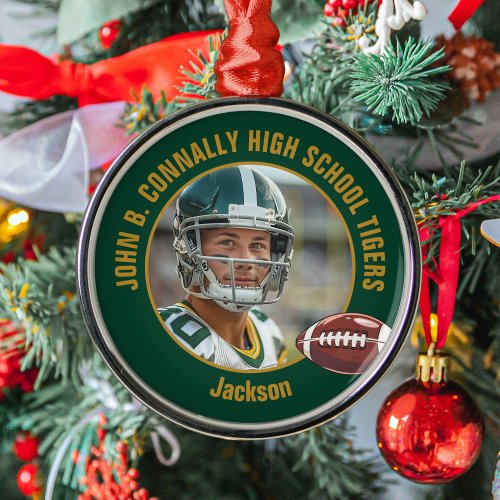 Green Gold Football Player Photo Christmas Metal Ornament