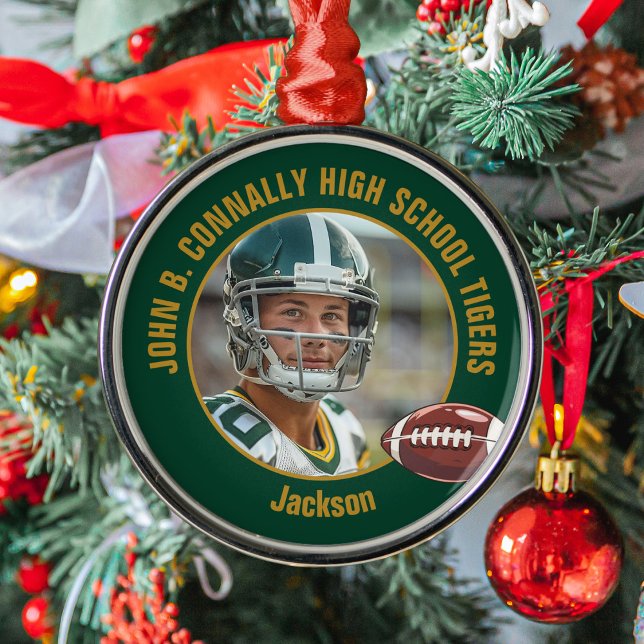 Green Gold Football Player Photo Christmas Metal Ornament (Creator Uploaded)