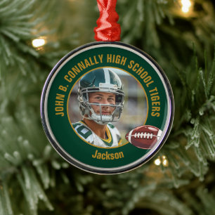 Green Gold Football Player Photo Christmas Metal Ornament