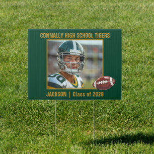 Green Gold Football Player Photo Graduation Yard Sign