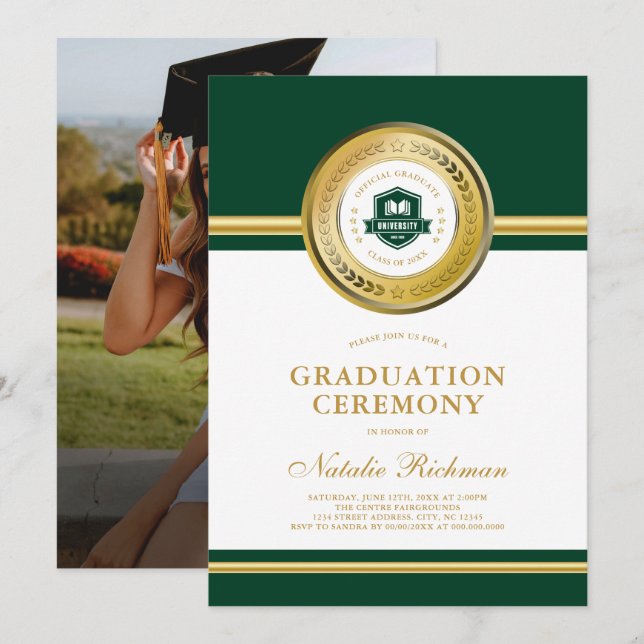 Green & Gold Formal Graduation Ceremony Photo Invitation (Front/Back)