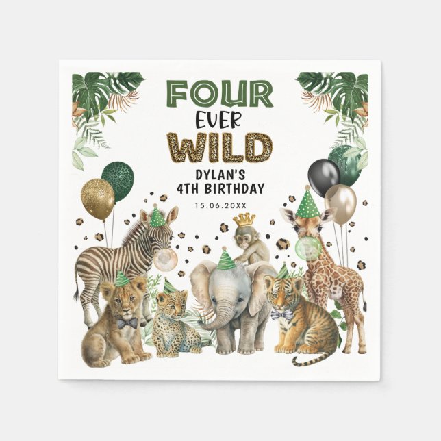 Green Gold Four Ever Wild Safari 4th Birthday Napkins (Front)