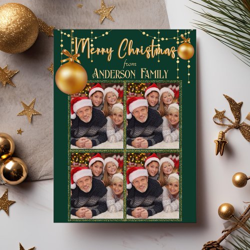 GreenGold Four Photo Collage Elegant Christmas Holiday Card
