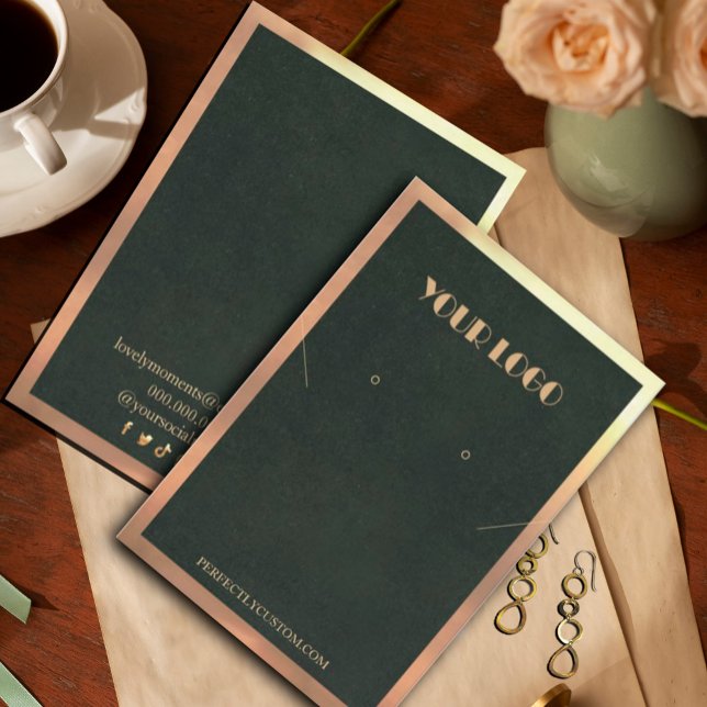 Green Gold Frame Modern necklace earrings  Business Card (Green Gold Frame Modern necklace earrings Business Card #diyjewerlydisplay #zazzlemade#modernjewelry)