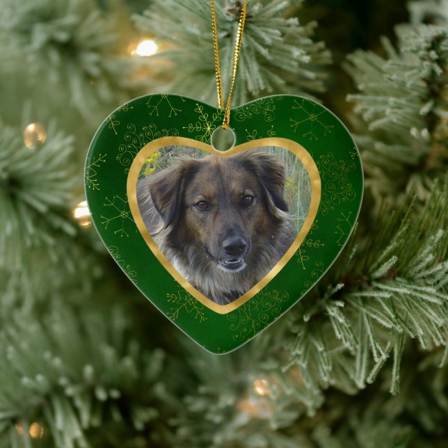 Green Gold Frame Snowflake Pet Memorial Ceramic Ornament (Tree)