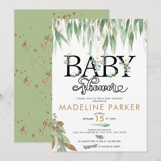 Green & Gold | Gender Neutral Baby Shower Invitation (Front/Back)