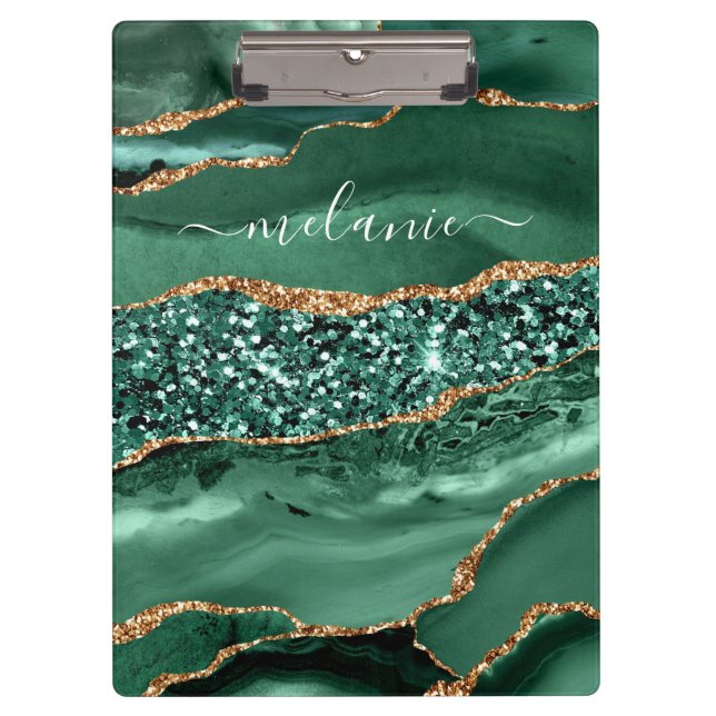 Green Gold Geode Marble Custom Name Clipboard (Front)