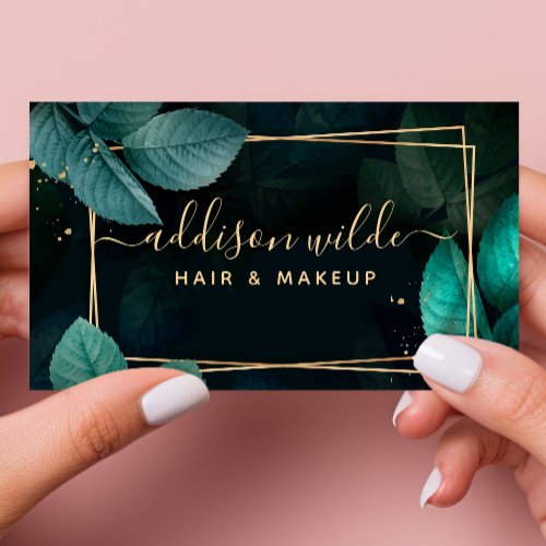 Green Gold Geometric Botanical Leaves Modern Business Card