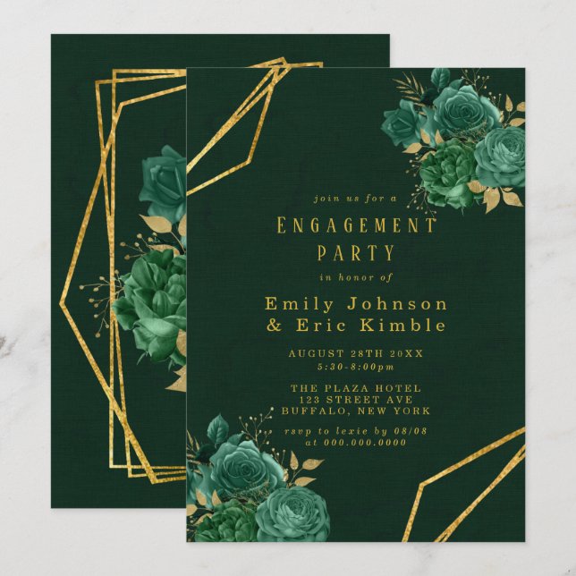 Green & Gold Geometric Floral Engagement Party Invitation (Front/Back)