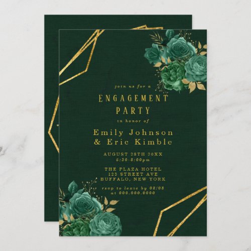 Green  Gold Geometric Floral Engagement Party Invitation