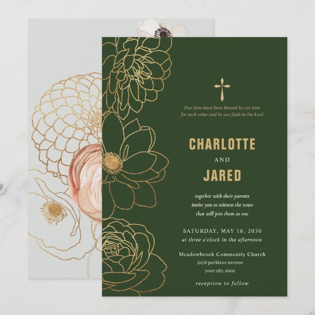 Green Gold Gilded Cross Wedding Invitation (Front/Back)
