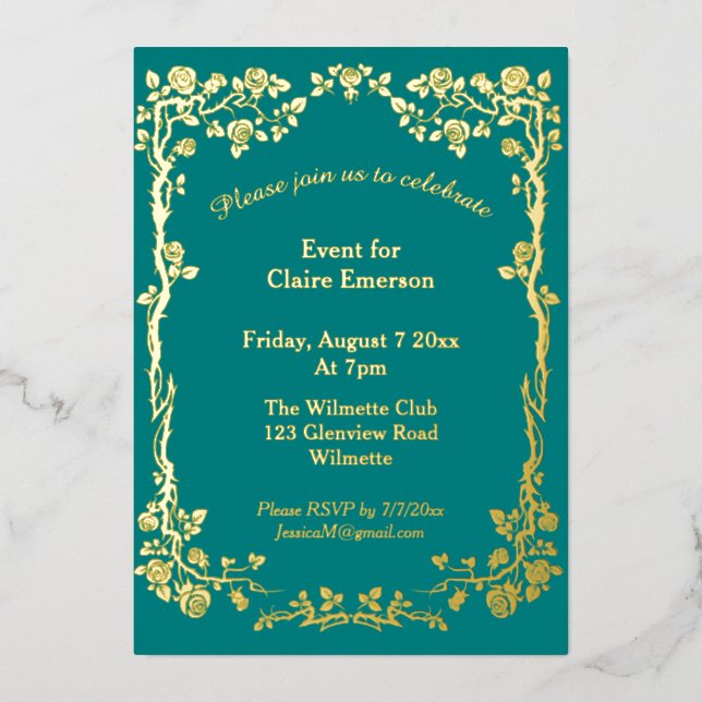 Green & Gold Gilded Rose Art Nouveau  Foil Invitation (Front)
