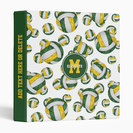 green gold girls school team colors volleyball 3 ring binder