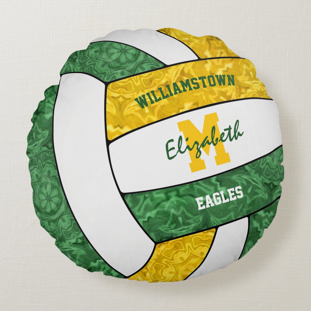 green gold sports team colors girls volleyball round pillow