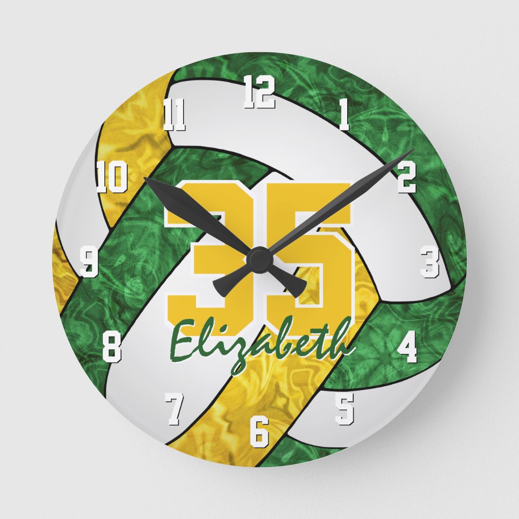 Green gold girly team colors volleyball room wall clock