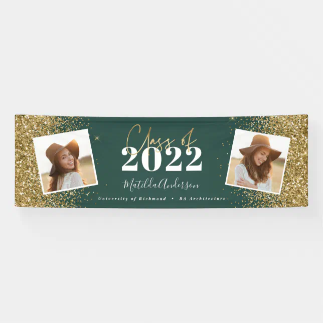 green gold glitter 2 photo class of graduation banner | Zazzle