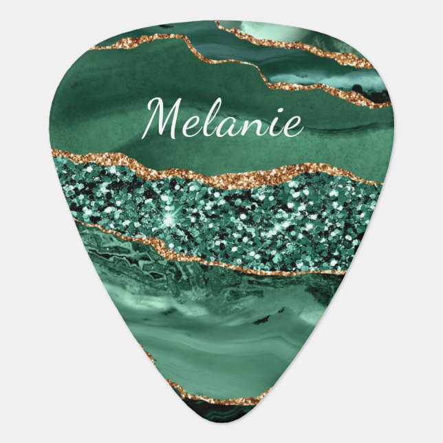 Green Gold Glitter Agate Custom Name Guitar Pick (Front)