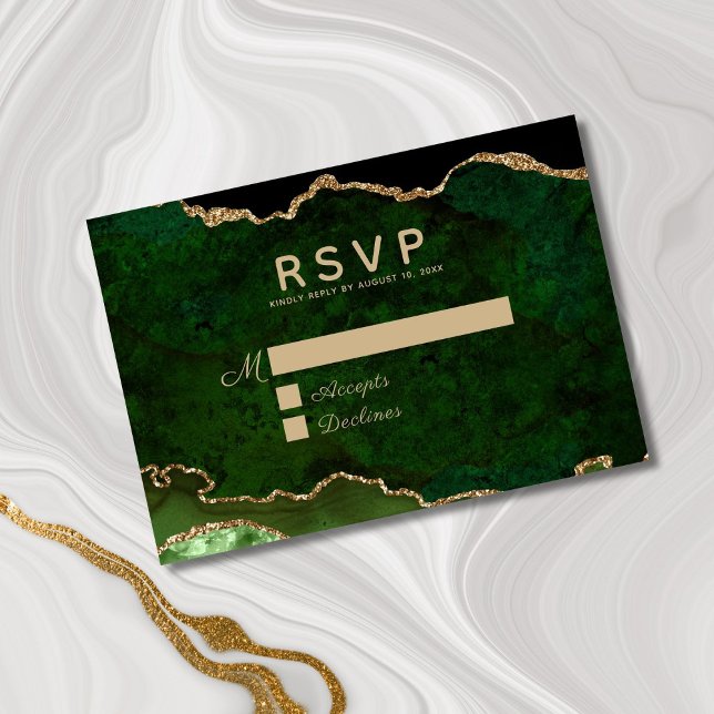 Green Gold Glitter Agate Geode Wedding RSVP Card (Creator Uploaded)