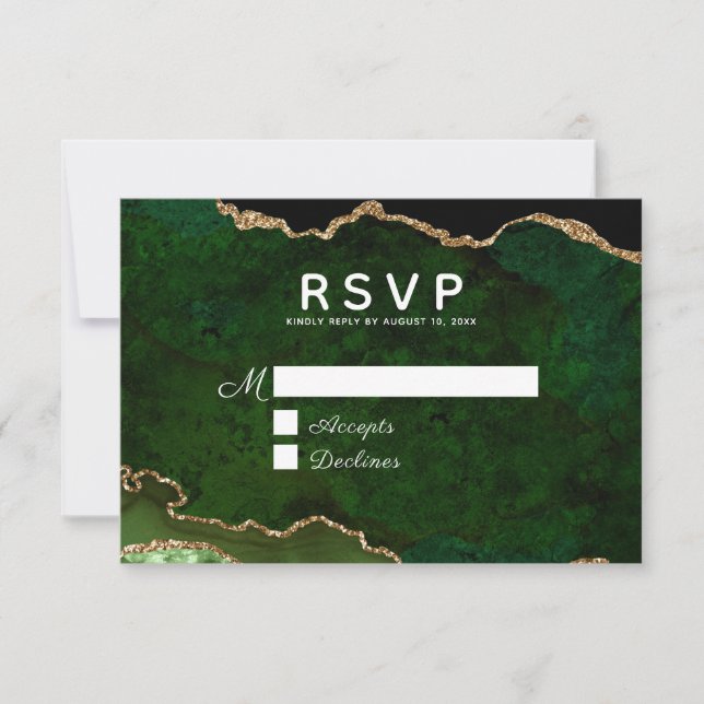 Green Gold Glitter Agate Geode Wedding RSVP Card (Front)