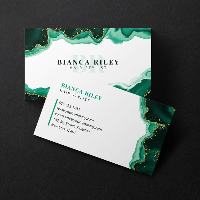 Green Gold Glitter Agate Hair Stylist Initial Logo Business Card (Creator Uploaded)