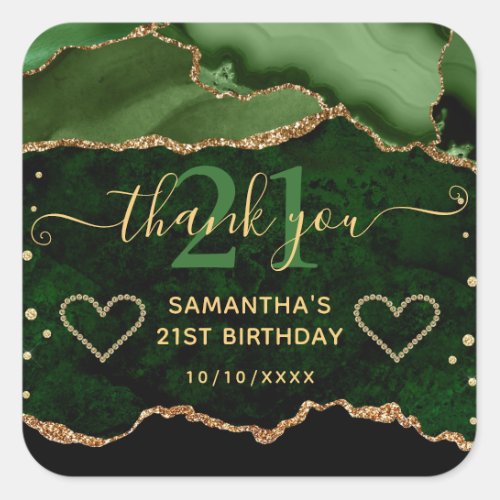 Green  Gold Glitter Agate Marble 21st Birthday Square Sticker