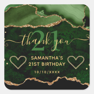 Green & Gold Glitter Agate Marble 21st Birthday Square Sticker