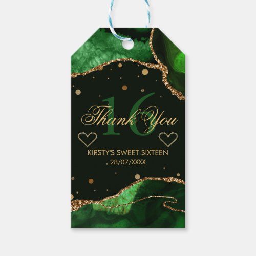 Green  Gold Glitter Agate Sweet 16 Thank You Gift Tags
