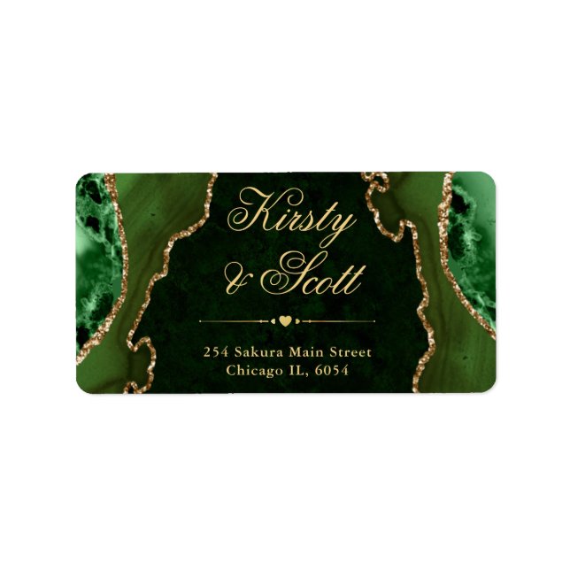 Green & Gold Glitter Agate Wedding address label (Front)