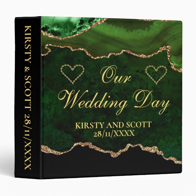 Green & Gold Glitter Agate Wedding Photo Album 3 Ring Binder (Front/Spine)
