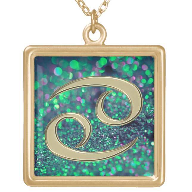Green Gold Glitter Cancer Zodiac Sign Necklace (Front)