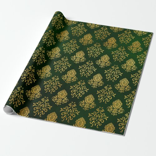 Green Gold Glitter Christmas Damask Ornament Gift Wrapping Paper