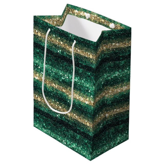 Green Gold Glitter Christmas Medium Gift Bag (Front Angled)