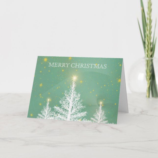 Green Gold Glitter Christmas Tree Snow Decor Holiday Card (Front)