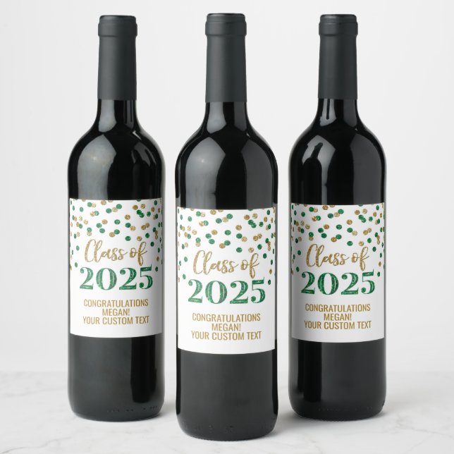 Green Gold Glitter Class of 2025 Graduation Wine Label (Bottles)