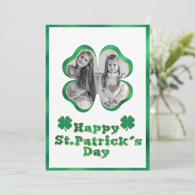 Green & Gold Glitter Clover Photo St. Patrick's Holiday Card (Standing Front)