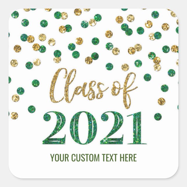 Green Gold Glitter Confetti Graduation 2021 Square Sticker (Front)