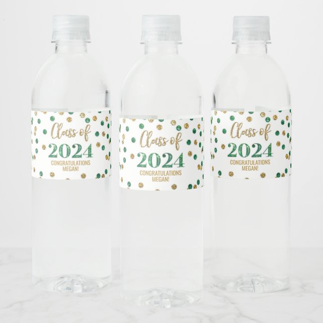 Green Gold Glitter Confetti Graduation Water Bottle Label (Bottles)